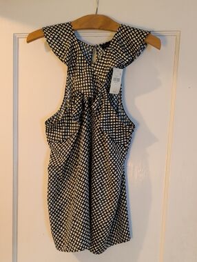 NWT Banana Republic Navy Blouse with Yellow and White Geometric Motif, Sz S